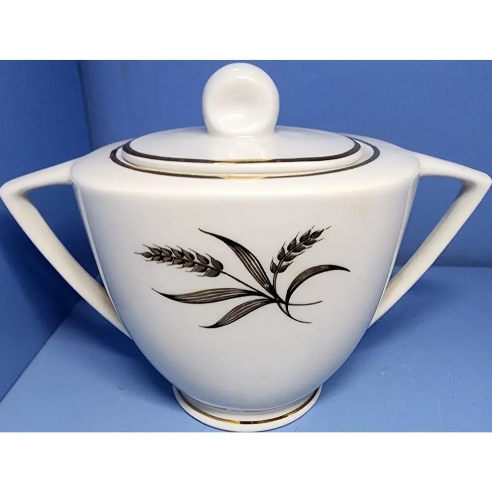 EMBASSY USA Vitrified Gold Black Wheat Pattern Sugar Bowl & Lid Pointed Handles